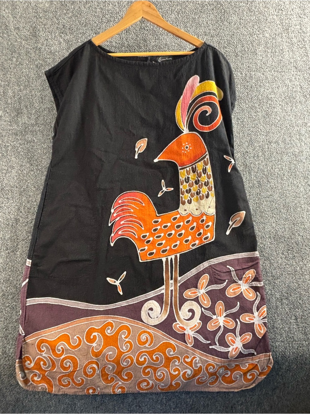 Black Mini Dress with Orange Bird Motif